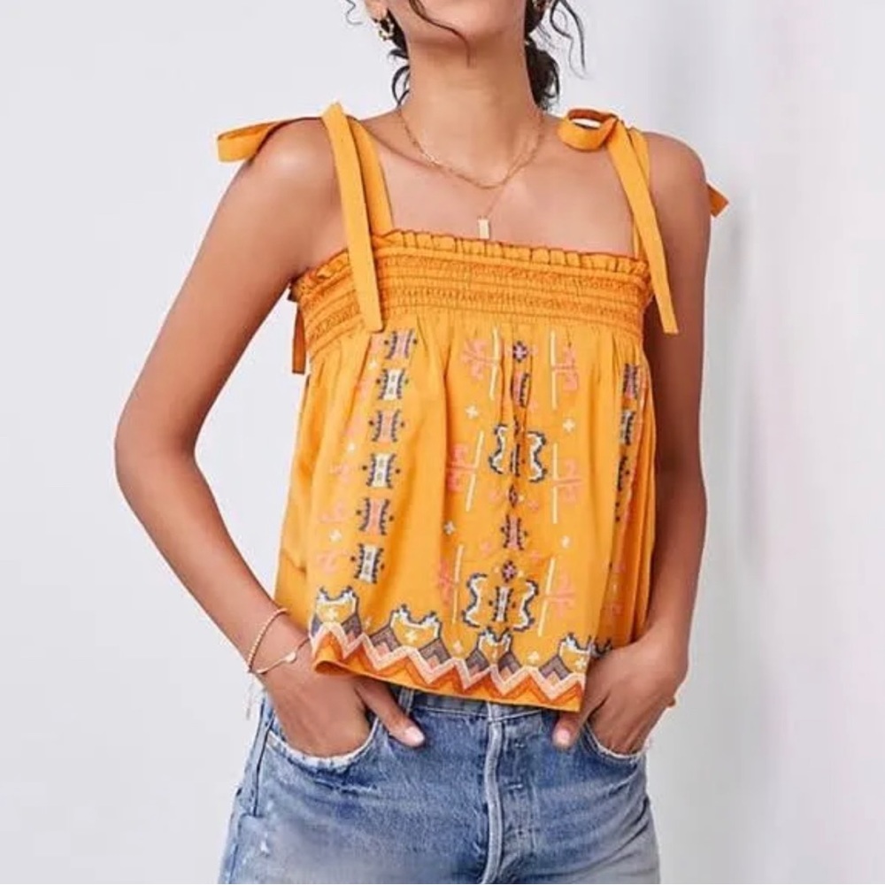 Anthropologie BOHO Embroidered Swing Tank Top. Smocked Marigold